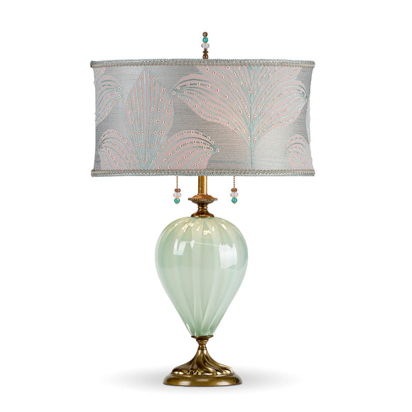 Kinzig Design Emilia Table Lamp 106Af163 Sea Foam Colored Blown Glass Base with Embroidered Sea Foam Oval Shade Artistic Artisan Designer Table Lamps