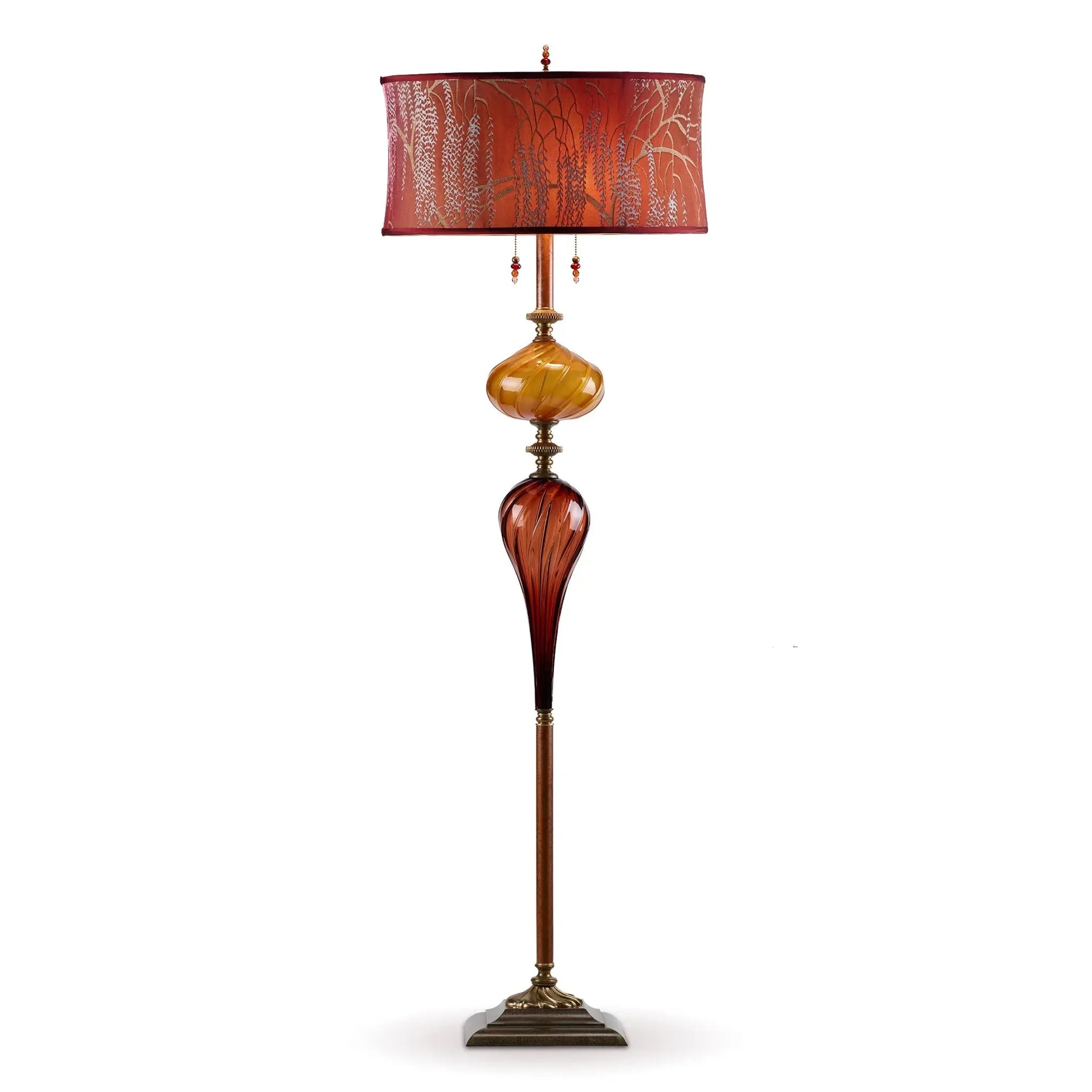 Kinzig Design Esteban Floor Lamp 169Ag146 with Burgandy and Copper Blown Glass Base and Kevin OBrien Desert Rose Colored Willow Oval Shade Artistic Artisan Designer Floor Lamps