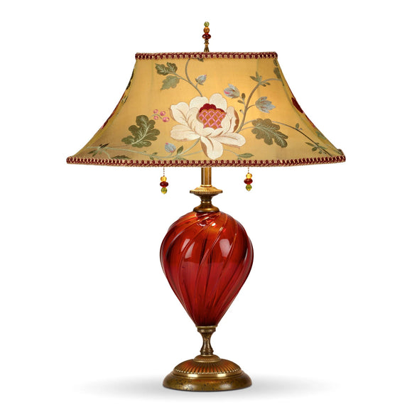 Kinzig Design Frida  Floral Table Lamp 52U57 Vibrant Red Blown Glass Base with Gold Colored Silk Embroidered Shade Artistic Artisan Designer Table Lamps