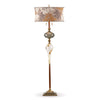 Kinzig Design Nicholas Floor Lamp F85Ag80 has a Mottled White and Grey Blown Glass Shade and Silk Abstract Floral Design Shade Artistic Artisan Designer Floor Lamps