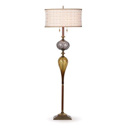 Rory Floor Lamp F174AG189 Colors White Gold and Silver Blown Glass Base with Kevin O'Brien Silk Velvet Petal Design Shade by Kinzig Design