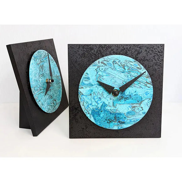 Leonie Lacouette Desktop Clock Hand-painted Black Wood and Verdigris Patina Copper