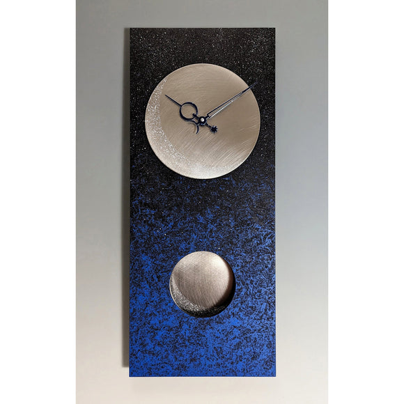 Moon At Night Pendulum Wall Clock 24 in Hand Painted Wood and Textured Stainless Steel by Leonie Lacouette