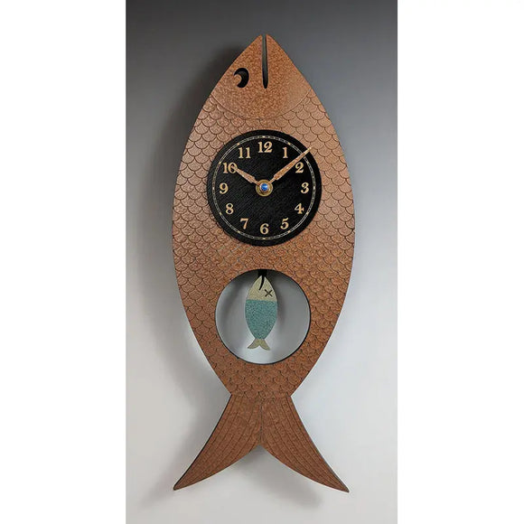 Leonie Lacouette Wanda Wood Wall Clock Hand-painted in Copper with Fish Shaped Pendulum