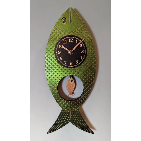 Leonie Lacouette Wanda Wood Wall Clock Hand-painted in Iridescent Green with Fish Shaped Pendulum