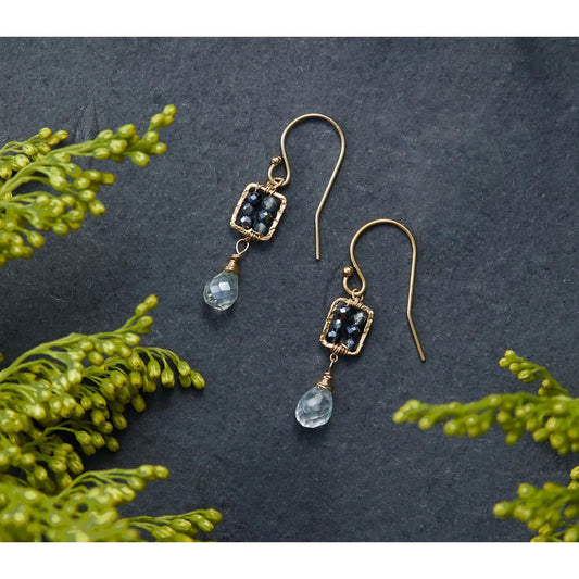 Black spinel, aquamarine, and Australian sapphire box earrings