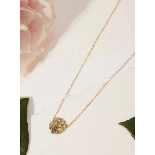 Honeycomb necklace with blue zircon, green opal, and Australian sapphire wrapped floral pendant