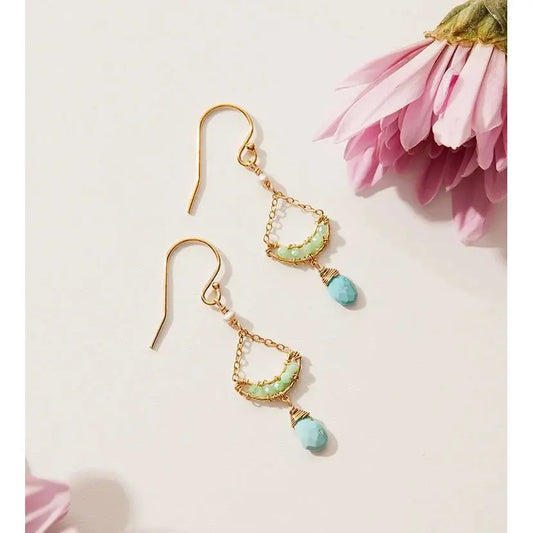 Chrysoprase Crescent Dangle Earrings with Faceted Turquoise Drops