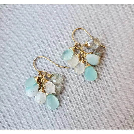 Cloud cluster earring with white labradorite, larimar, aqua chalcedony, and green kyanite