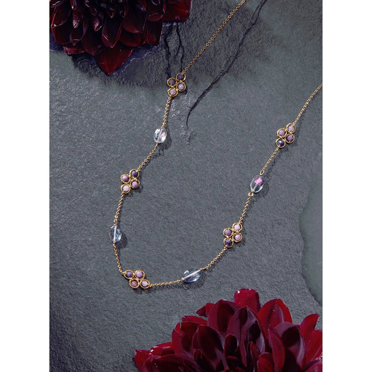 Clover and Mystic Topaz Necklace with Sugilite Wrapped Beads