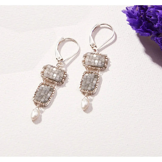 Diamond box earrings with a pearl drop