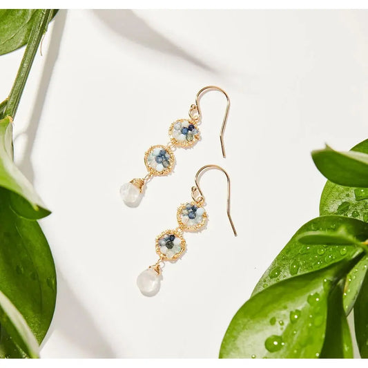 Double dot blue earrings with larimar, Australian sapphire, blue zircon, moonstone drop