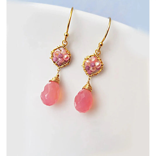 Guava beaded Earrings with moonstone, pink sapphire, and chalcedony drop