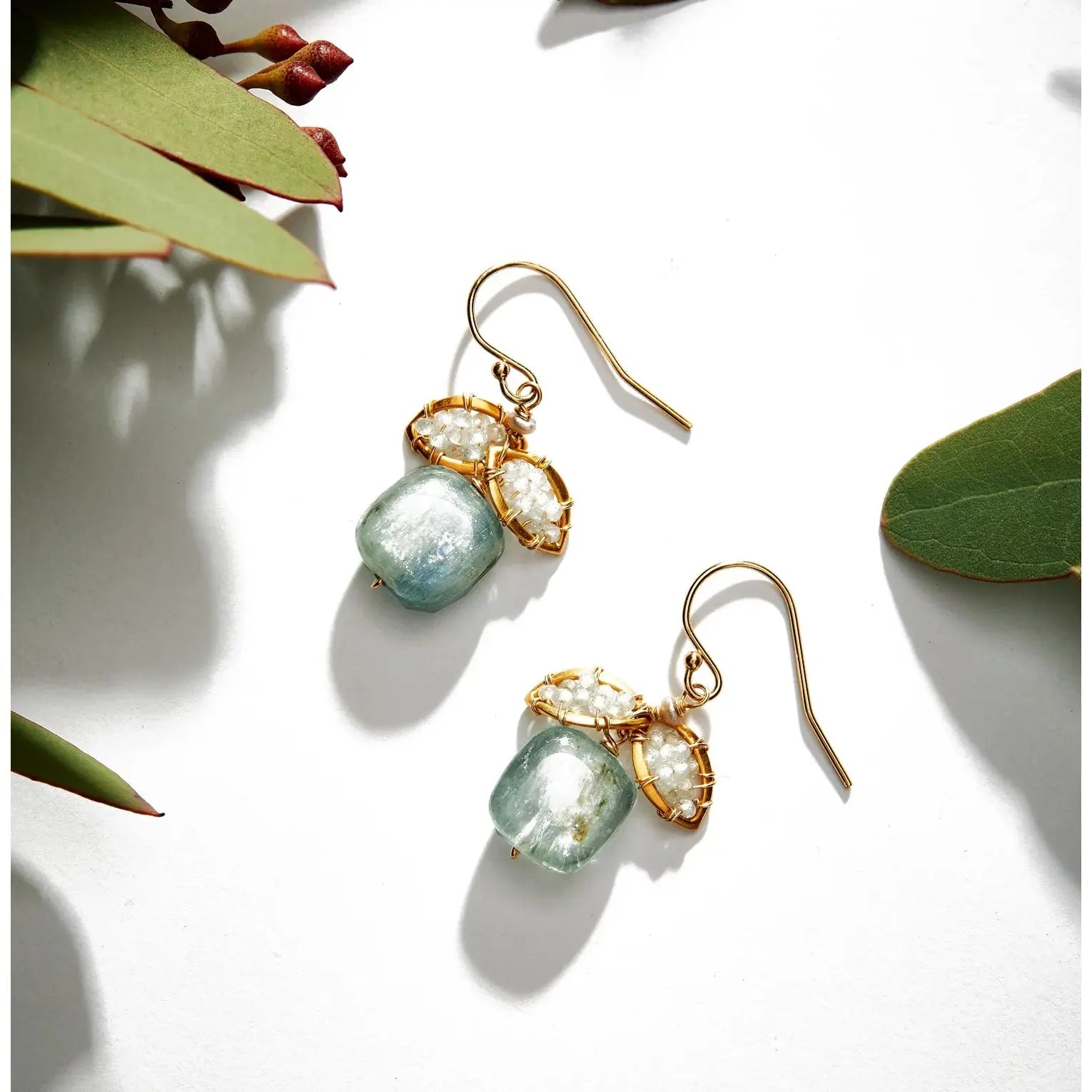 Kyanite Leaf Earrings with Zircon Beads