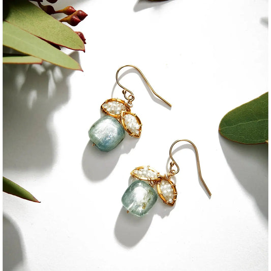 Kyanite Leaf Earrings with Zircon Beads