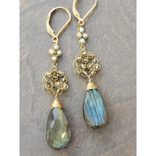 Honeycomb Earrings with Larimar and Australian Sapphire Wired Beads, Faceted Labradorite Drops