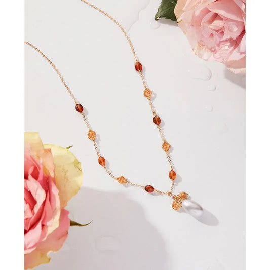 Mandarin Spessartite and Pearl Leaf Station Necklace