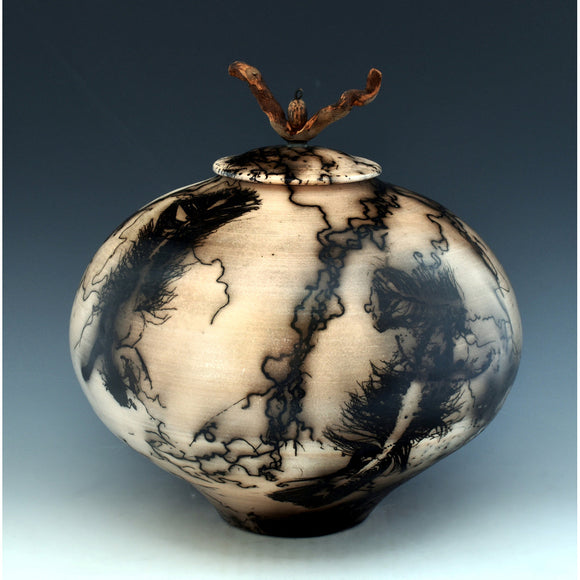 Ron Mello One of a Kind Horsehair Fired Lidded Ceramic Jar H314