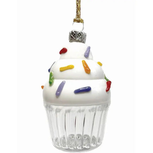 Decorative glass cupcake ornament with colorful sprinkles 