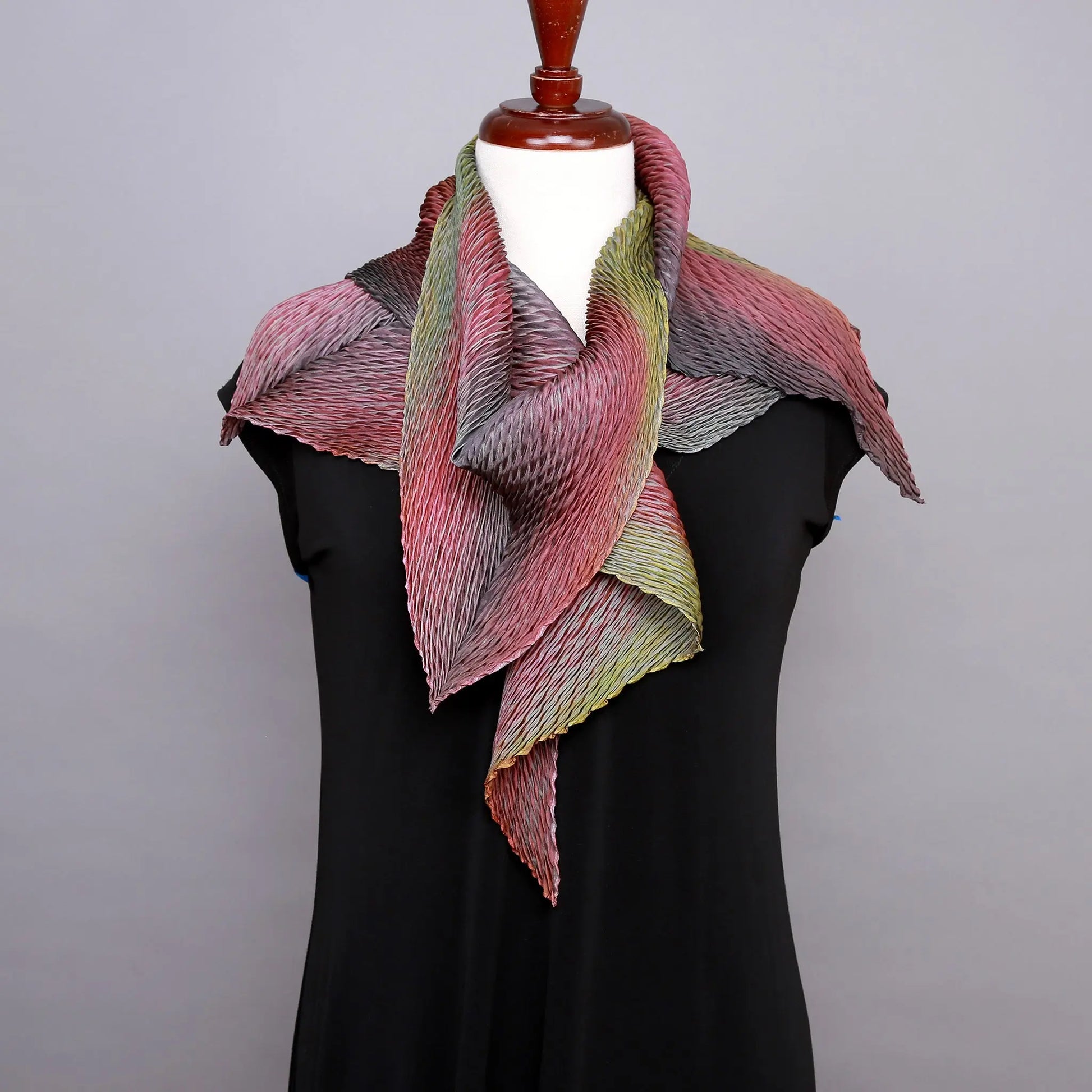 Shibori Silk Zigzag Scarf in Olive and Mauve by Cathayana Cathayana