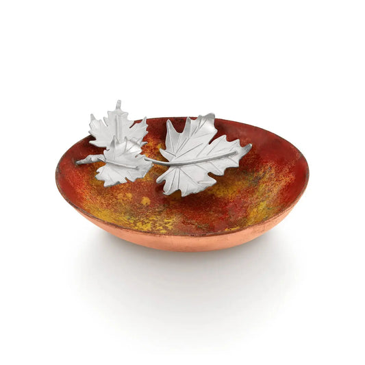  Enameled Copper Jewelry Bowl with Sterling Silver Maple Leaves
