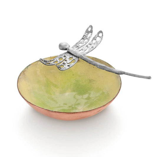 green andyellow enameled copper with sterling silver dragonfly 