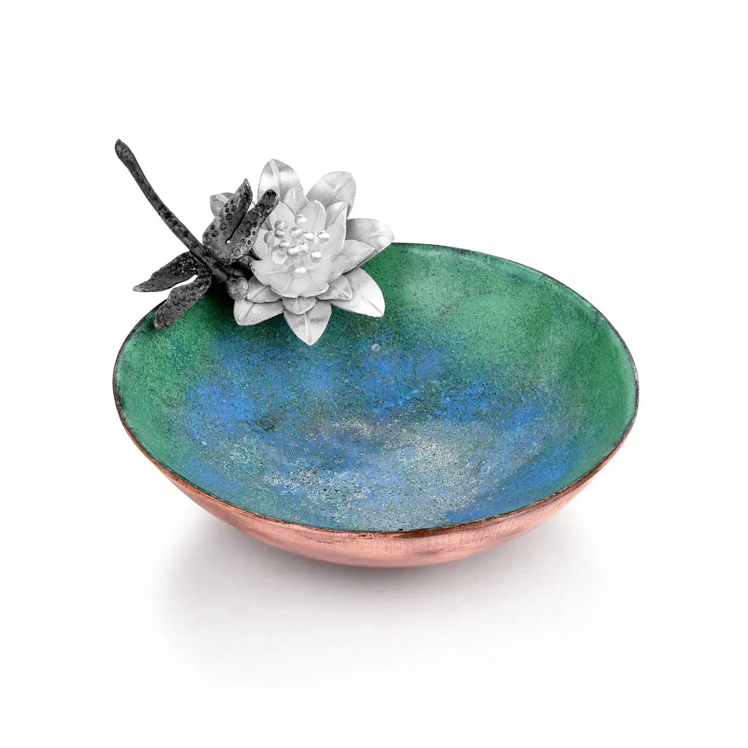 Blue and green copper enamel bowl with a sterling silver dragonfly and waterlily