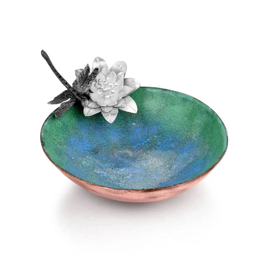 Blue and green copper enamel bowl with a sterling silver dragonfly and waterlily