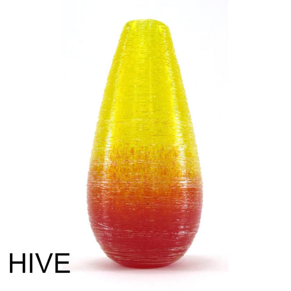 Shimmer Hive Vases Shown In Saffron and Red by The Furnace Glassworks