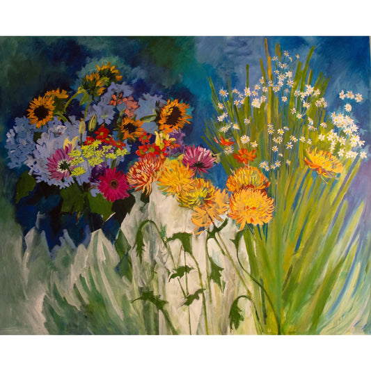 Mixed Flowers in Blue Painting and Archival Giclee Prints