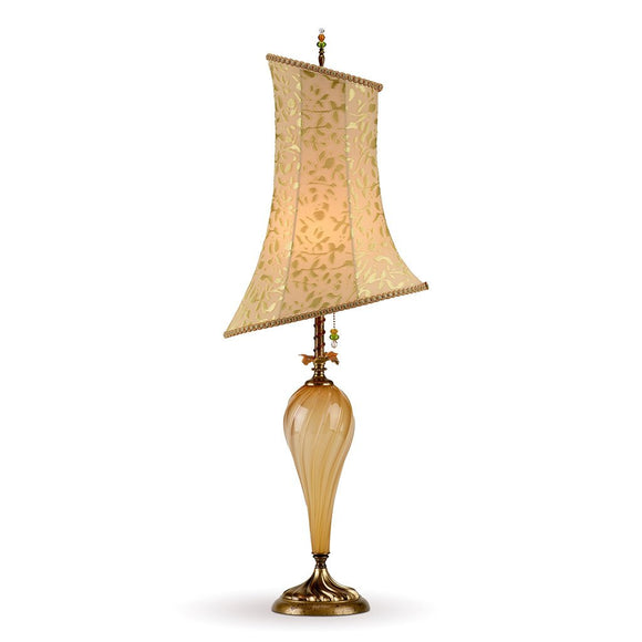 Alessandra Table Lamp 2H78, Kinzig Design, Colors Soft Green and Gold Blown Glass, Silk Shade, Artistic Artisan Designer Table Lamps