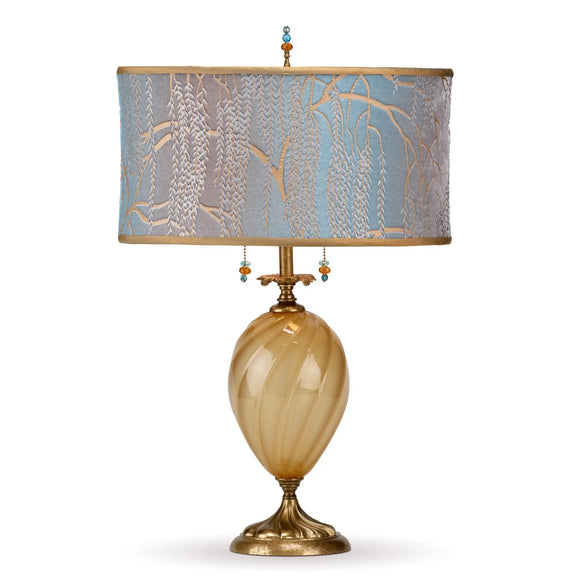 Kinzig Design Ashton Table Lamp 155 AF 130 Colors Gold Opaue Blown Glass Base With Robins Egg Blue And Taupe Silk Shade Artistic Artisan Designer Table Lamps