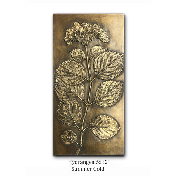 Blindspot Wall Art by Deborah Childress Hydrangea Wall Panel shown in Summer Gold Color Artistic Artisan Wall Art