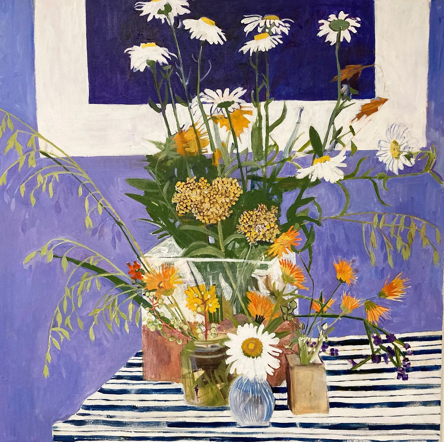 COVID Blue Stripe Tablecloth C-LB340 Painting by Lila Bacon 06-2020 30x30