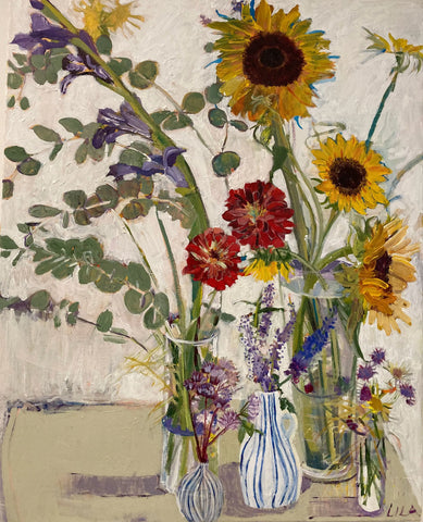COVID Sunflowers Zinnias Eucalyptus C-LB350 Paintings by Lila Bacon 08-2020 24x30