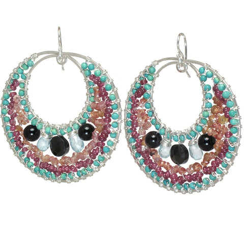 Calico Juno Designs Black Spinel Turquoise Mandarin Garnet and Pink Ruby Earrings B144 Artistic Artisan Designer Jewelry