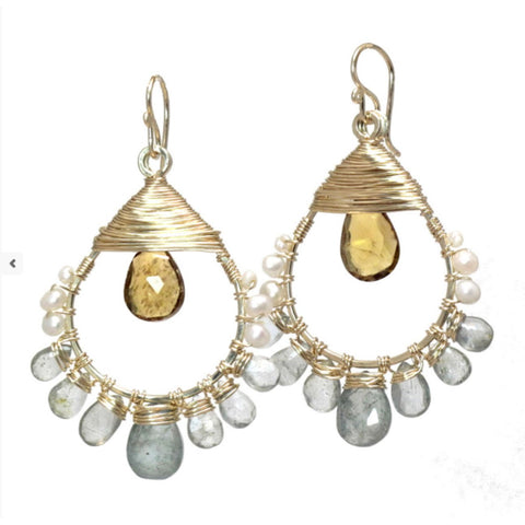 Calico Juno Designs Ivory Pearls Moss Aquamarine and Whiskey Quartz Earrings SRN191 Artistic Artisan Designer Jewelry