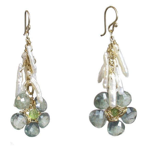 Calico Juno Designs Moss Aquamarine and Ivory Biwa Pearl Earrings P233 Artistic Artisan Designer Jewelry