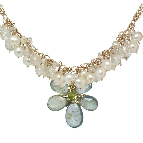 Calico Juno Designs Pearl Crystal Quartz and Moss Aquamarine Necklace NK294 Artistic Artisan Designer Jewelry