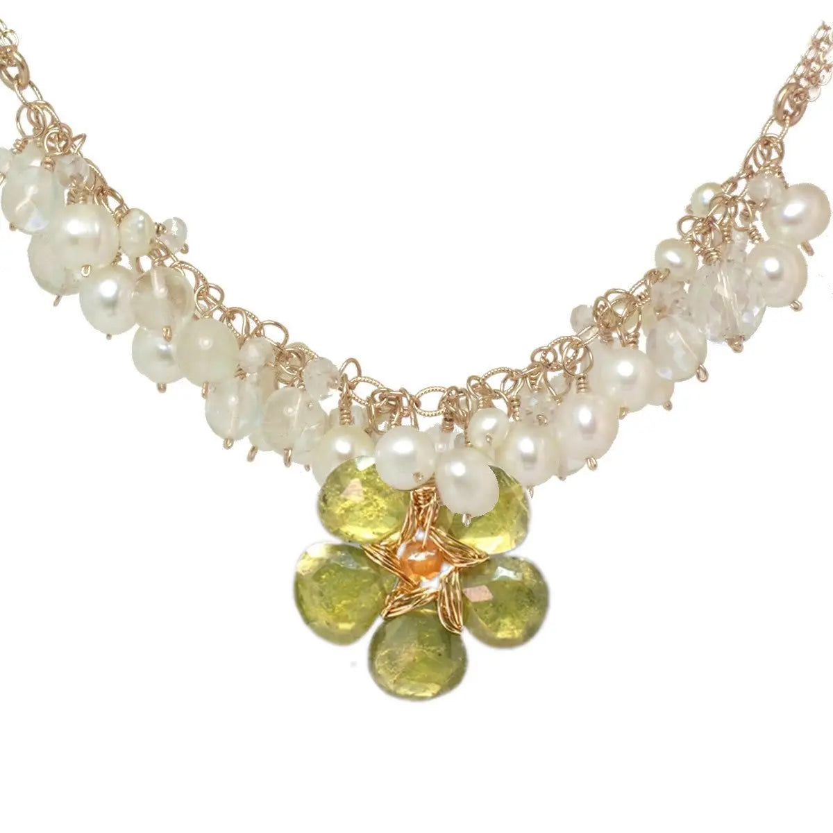 Calico Juno Designs Peridot Carnelian and Pearl Necklace NK294 Pearl PeridotArtistic Artisan Designer Jewelry