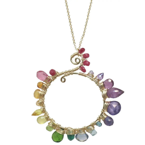 Calico Juno Designs Pink Ruby Citrine Orange Sapphire Yellow Sapphire Peridot Diopside Tanzanite Blue Topaz and Amethyst Necklace NK242 Artistic Artisan Designer Jewelry