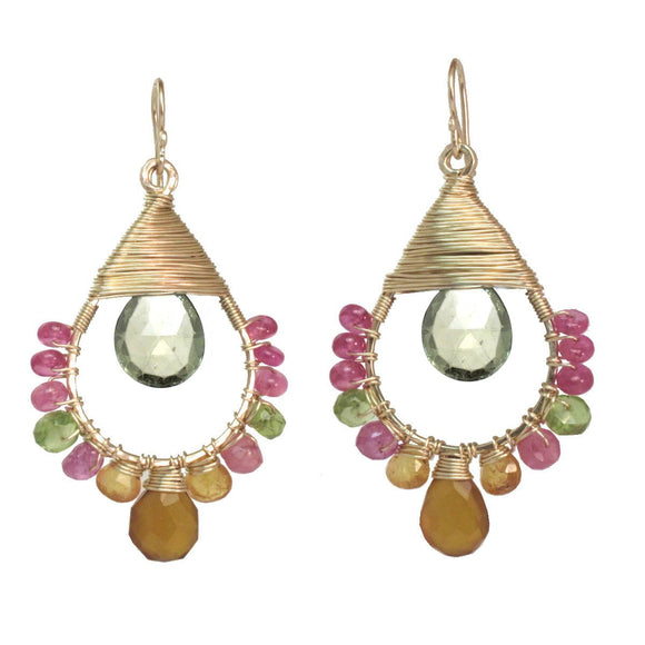 Calico Juno Designs Pink Ruby Mandarin Garnet Peridot snd Green Amethyst Earrings SRN176 Artistic Artisan Designer Jewelry