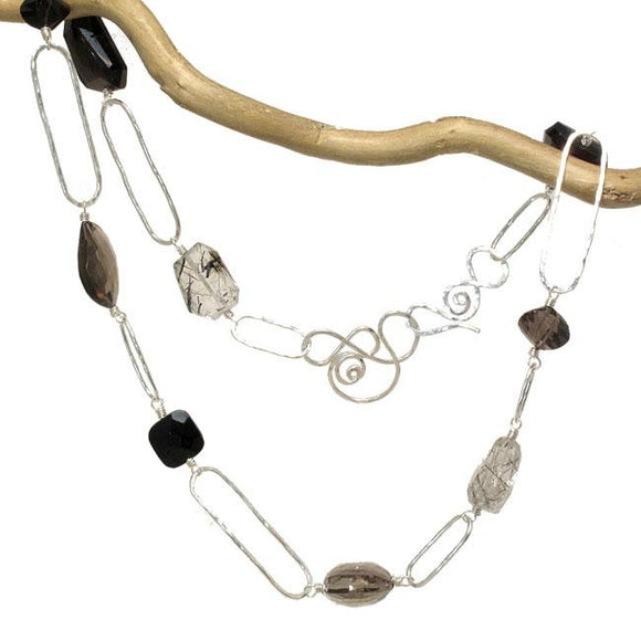 Calico Juno Designs Smoky and Crystal Quartz Black Onyx Necklace NK369 Artistic Artisan Designer Jewelry