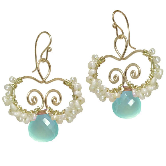 Calico Juno Designs Aquamarine and Pearl Earrings N138 Artistic Artisan Designer Jewelry