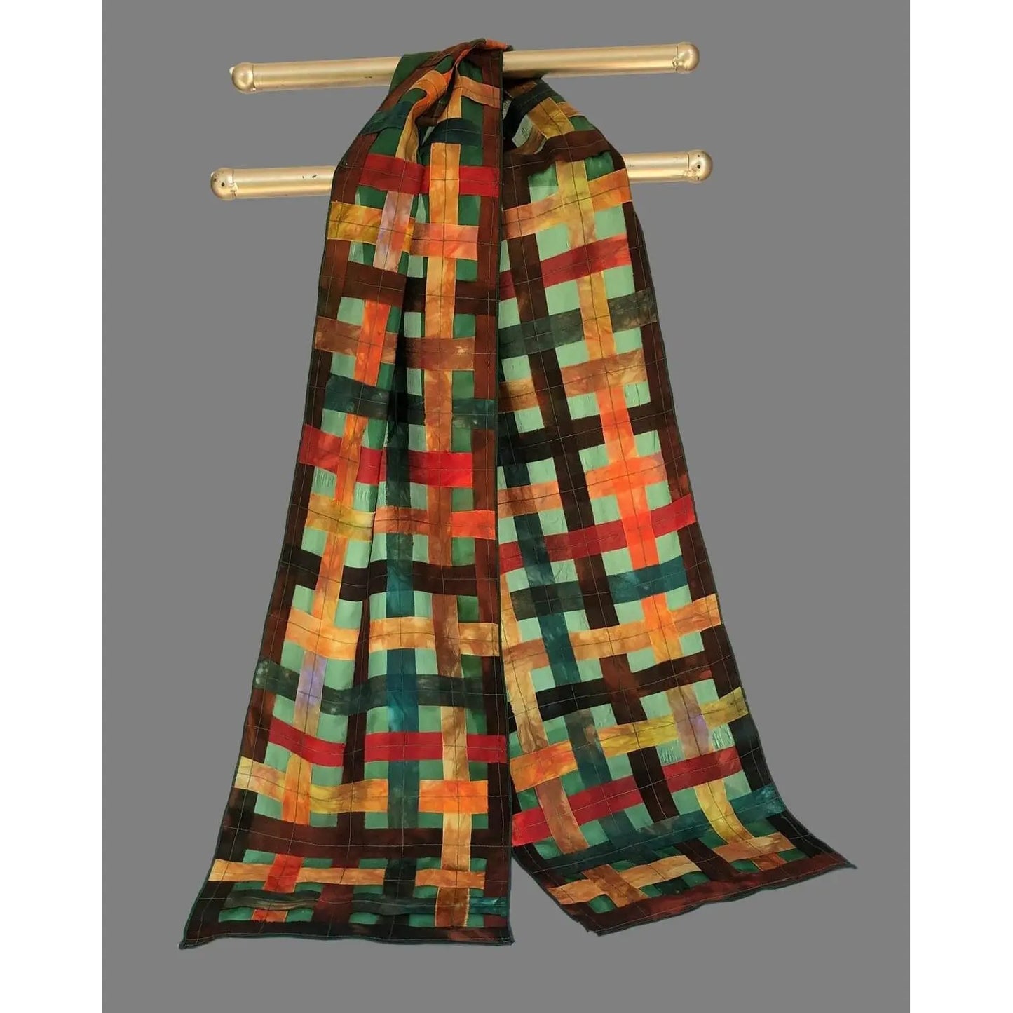 Cathayana Hand Dyed Silk Woven Scarf in Green Orange and Red WS904 Artistic Artisan Designer Silk Scarves