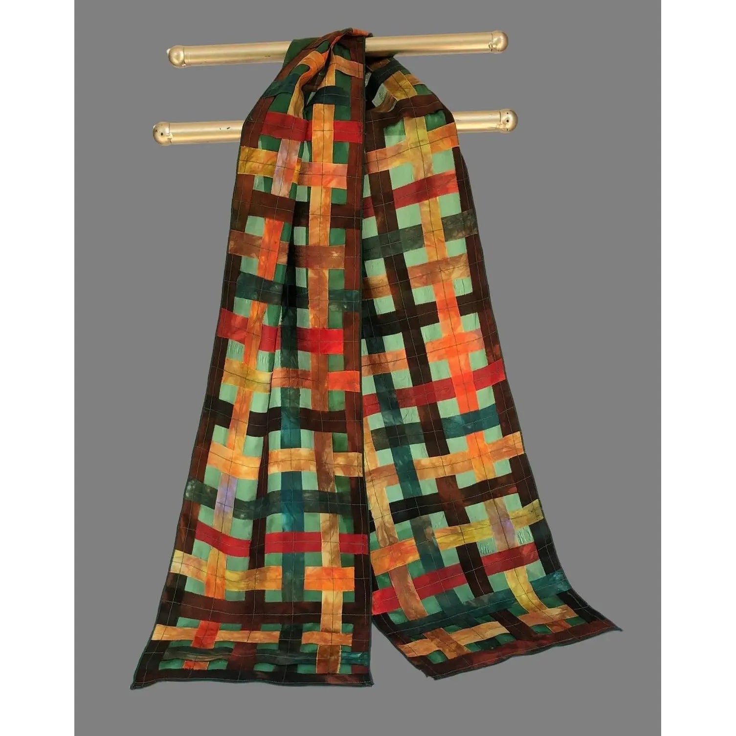 Cathayana Hand Dyed Silk Woven Scarf in Green Orange and Red WS904 Artistic Artisan Designer Silk Scarves
