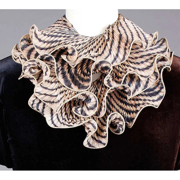 Cathayana Shibori Silk Infinity Scarf SIA-03 in Black and Beige, Artistic Designer Hand Dyed and Pleated Silk Scarf