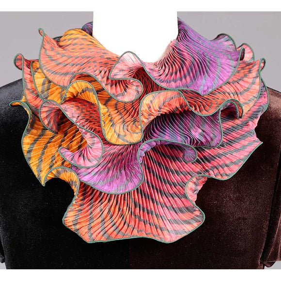 Cathayana Shibori Silk Infinity Scarf SIA-303 in Dark Green Orange and Red Artistic Hand Dyed and Pleated Silk Scarf