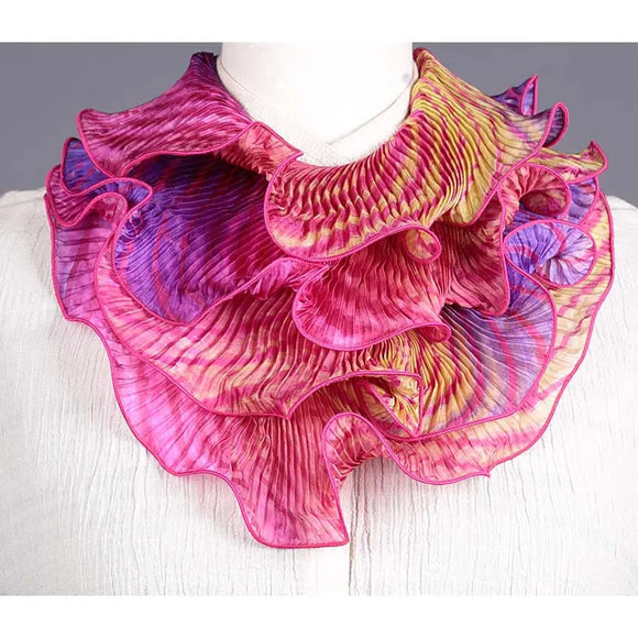 Cathayana Shibori Silk Infinity Scarf SIA-315 in Fuschia Green and Purple Artistic Hand Dyed and Pleated Silk Scarf.jpg