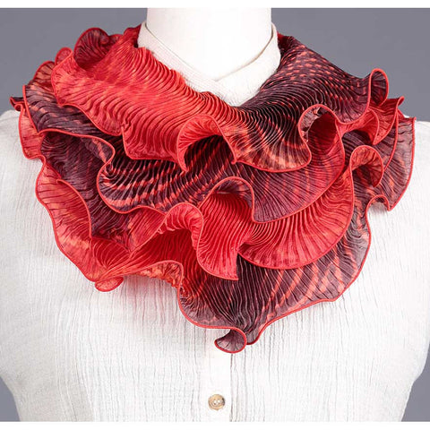 Cathayana Shibori Silk Infinity Scarf SIA-318 in Red and Black Artistic Designer Hand Dyed and Pleated Silk Scarf